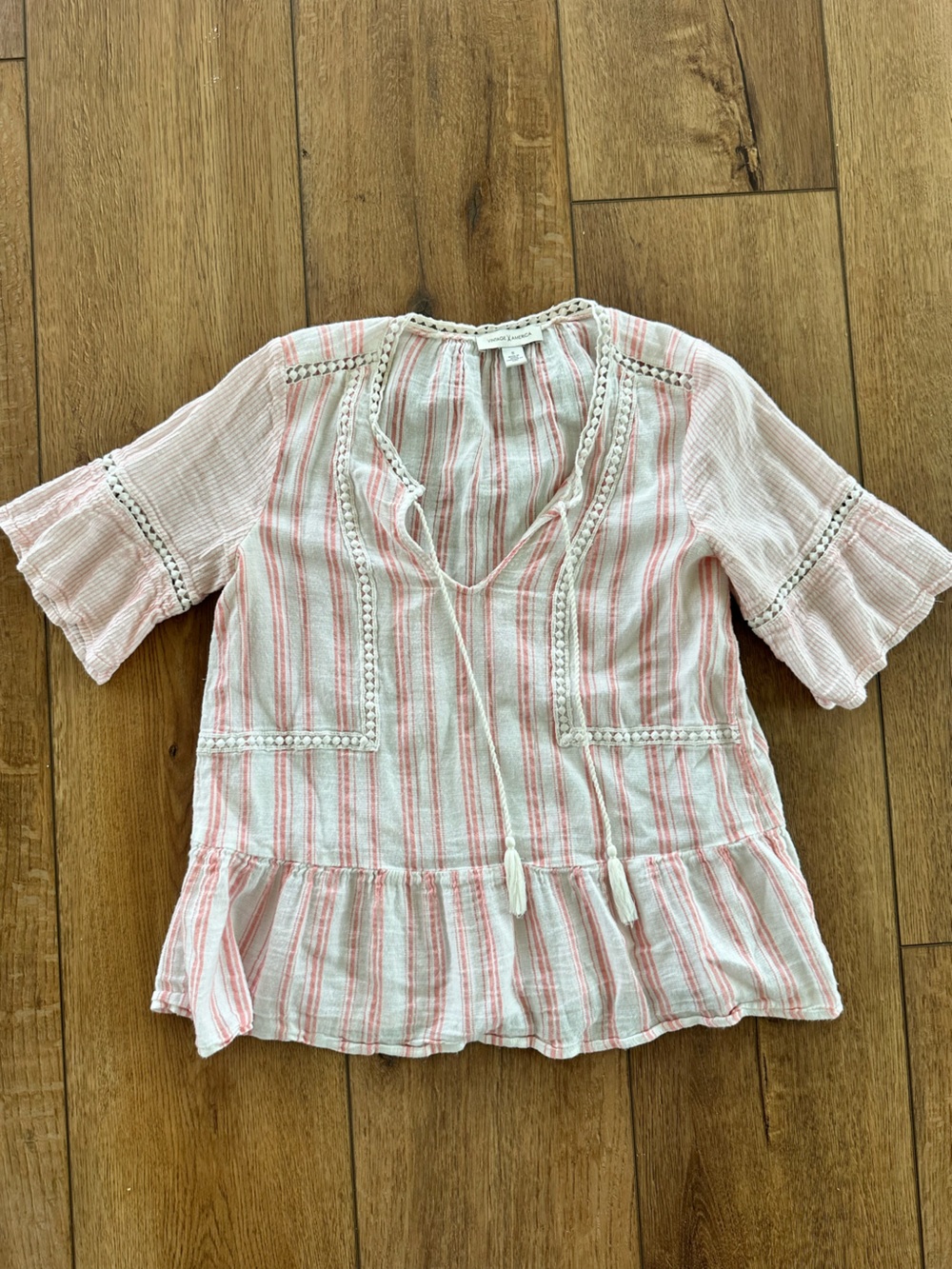 Vintage America Pink & White Striped Peasant Blouse with Tassel Tie